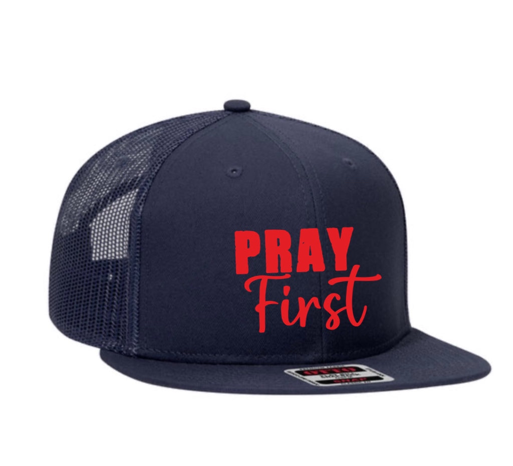 1.2 Pray First White Navy and Red Cap